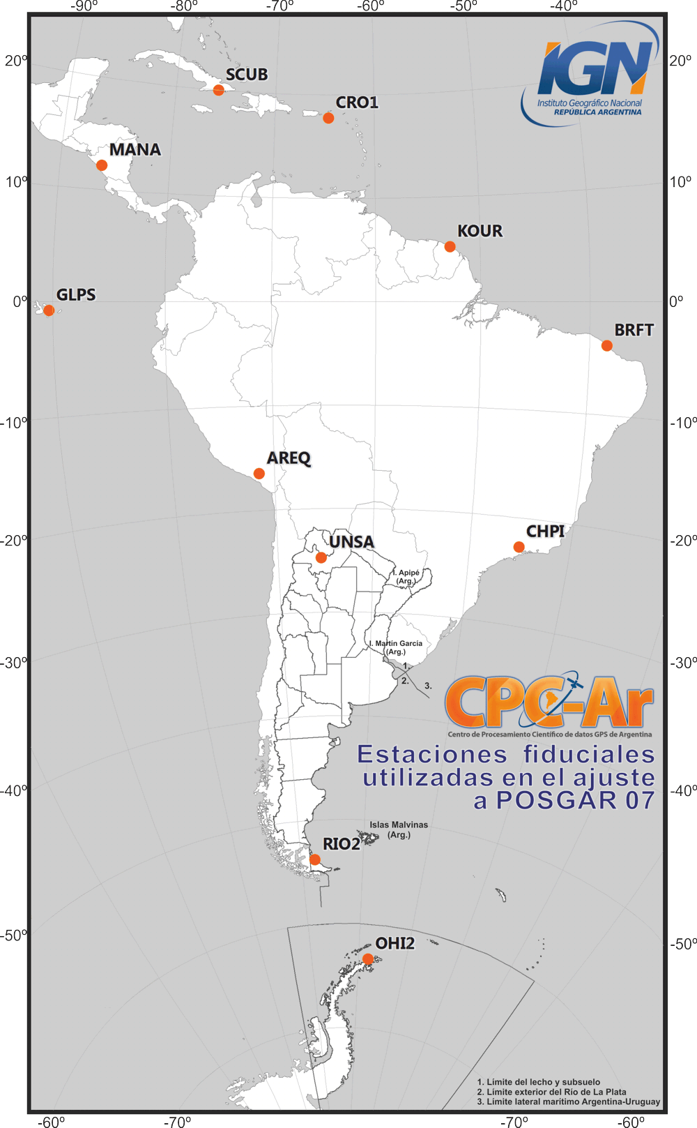 Figura 2: Estaciones GPS/GNSS fiduciales utilizadas en el ajuste al marco POSGAR 07