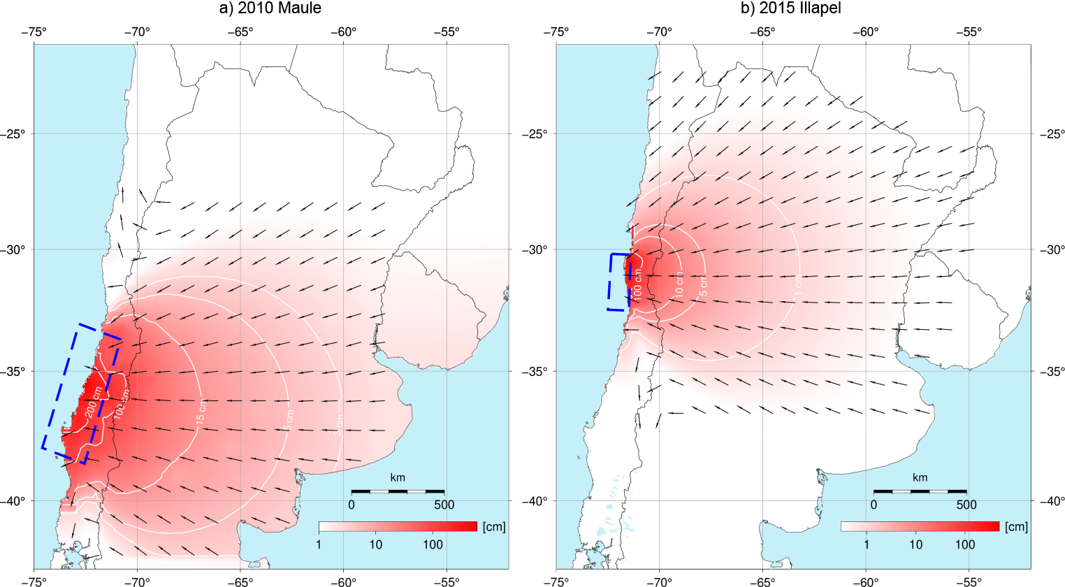 Figura 1. a) Modelo de desplazamiento cosísmico del sismo del 27 de febrero de 2010 en Maule, Chile y b)  Modelo de desplazamiento cosísmico del sismo del 16 de septiembre de 2015 en Illapel, Chile
